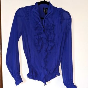 Purple blouse 💜 ruffles around zipper/ sheer sleeved blouse